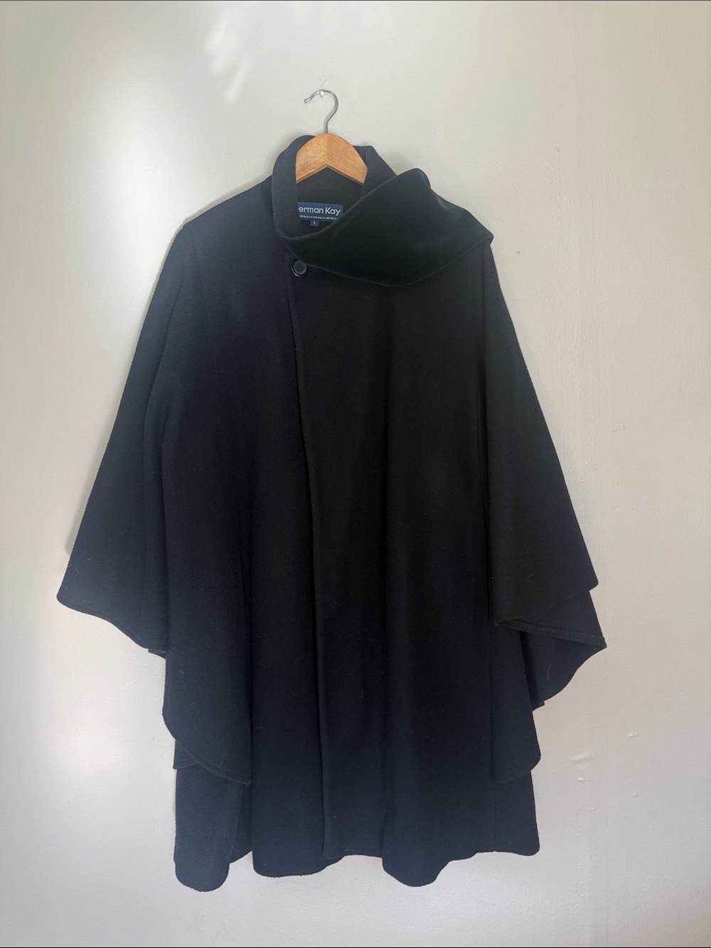Herman Kay Black wool Cape poncho Coat velvet scarf large